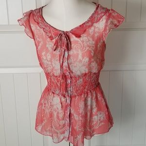 Crystal Candy Sheer Coral Gray Floral Peplum Top L